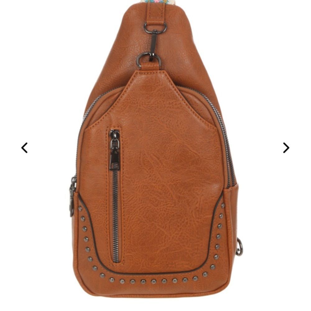 Sam & Hadley Brown Faux Leather Sling Bag Unisex Medium Adjustable Strap